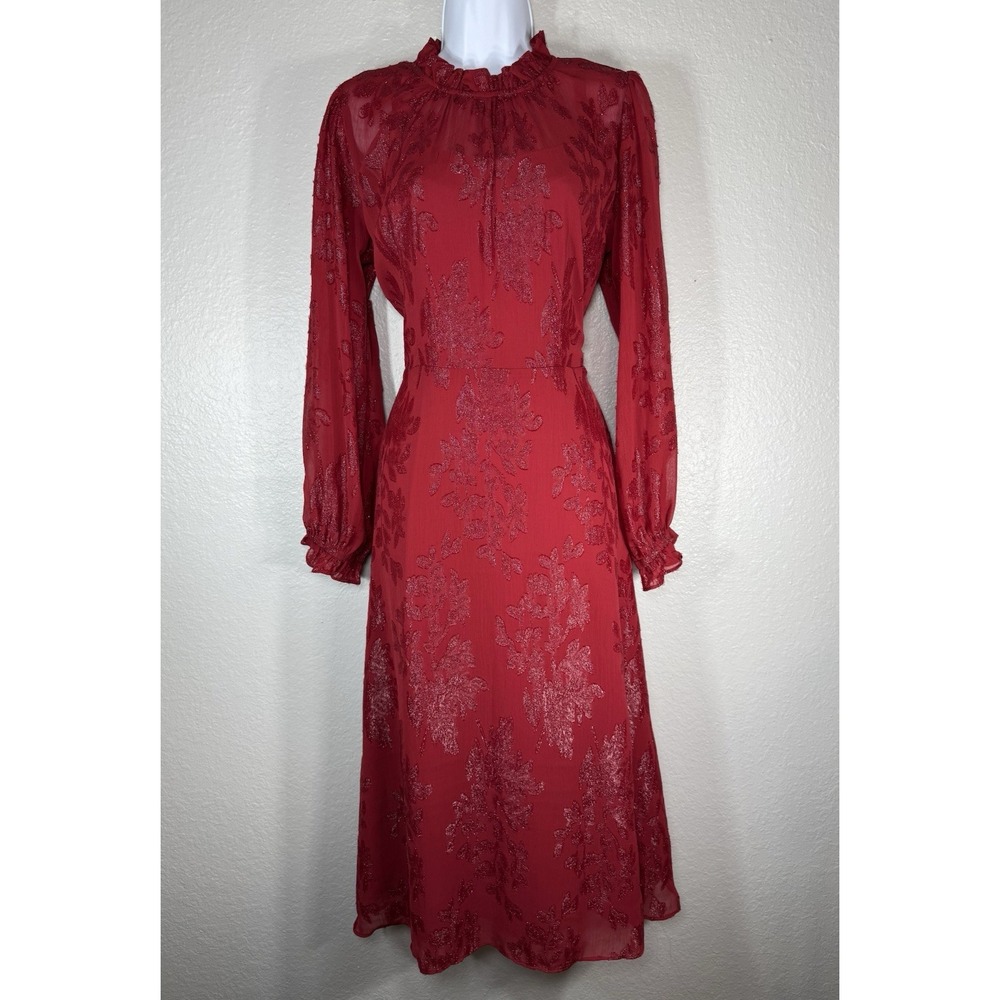 Liz Claiborne Red Long Sleeve Floral Midi A-Line Dress Size 10 Shimmer Party